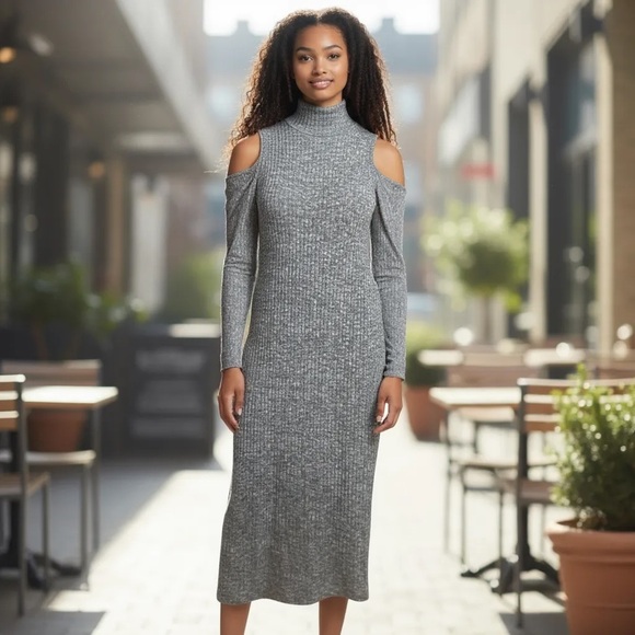 Kensie Gray Cold Shoulder Long Sleeve Dress - Picture 1 of 7